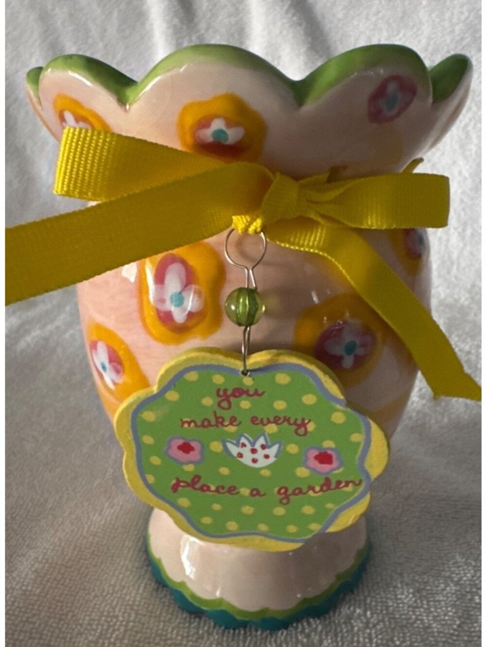 Kristy Hygeia Ceramic Floral Vase Scalloped Rim 6" Tall Hand-Painted Design